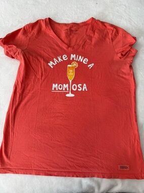 Life is Good Make Mine a Momosa Short Sleeve Orange V-neck Crusher Tee Sz Lg E28